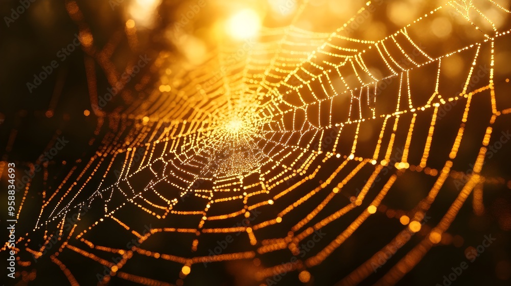 Poster glowing 3d rendered spider web with golden light filtering through intricate design