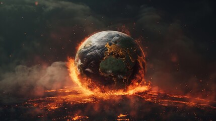 Earth burning and engulfed in flames, signifying a worldwide calamity and a shift in climate