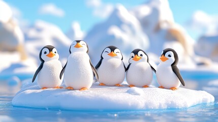 Fototapeta premium Happy and playful penguins gathered on an icy landscape, enjoying their time together in a vibrant, cartoonish style.
