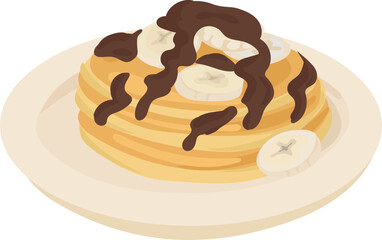 Cartoon banana chocolate pancakes illustration on transparent background.
