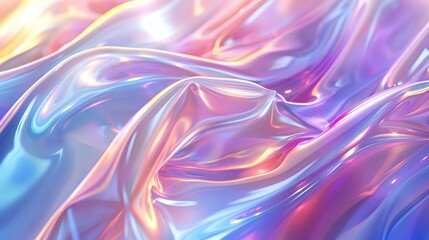 Naklejka premium A mesmerizing abstract design with glossy, iridescent waves in soft shades of pink, blue, and purple, creating a smooth, flowing texture. Ideal for backgrounds, digital art, and creative projects.