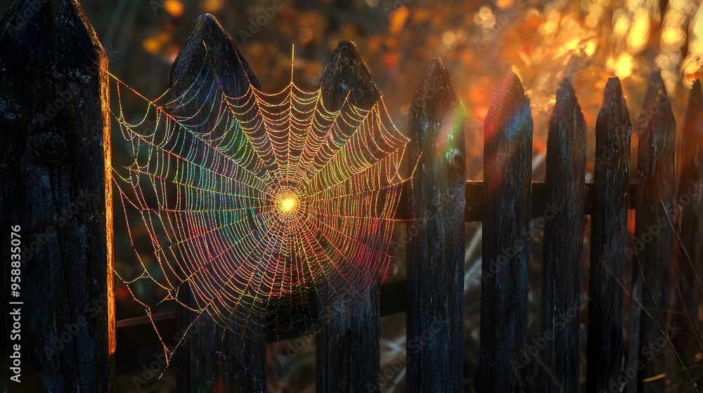 Aufkleber iridescent 3d rendered web draped across rustic weathered fence