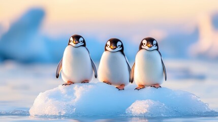 Obraz premium Three adorable penguins standing on an ice floe, surrounded by a serene winter landscape, showcasing the beauty of nature.