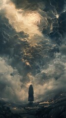 A lone figure stands on a desolate landscape, gazing up at a swirling vortex of clouds in the stormy sky.