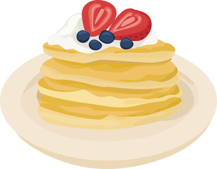 Cartoon strawberry pancakes illustration on transparent background.
