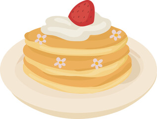Cartoon strawberry pancakes illustration on transparent background.

