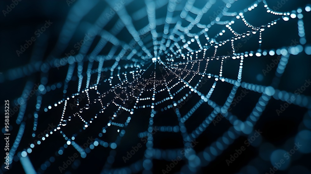 Poster macro shot of glistening spider web resembling string of pearls