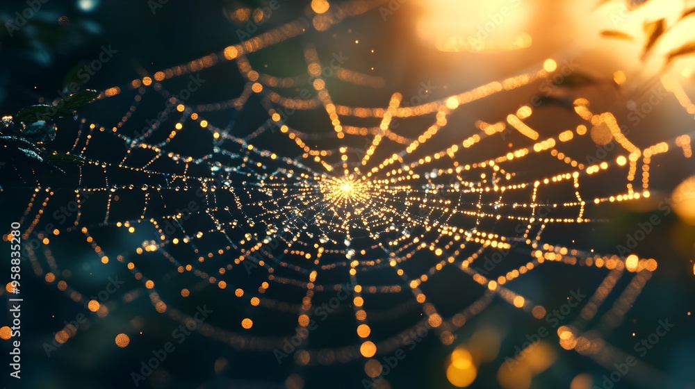 Poster macro shot of glistening spider web resembling a string of nature s pearls