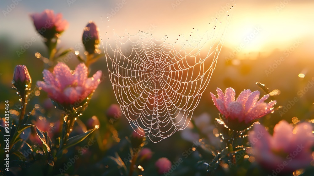 Poster perfectly symmetrical spider web hanging between delicate flowers with dew covered shimmering thread