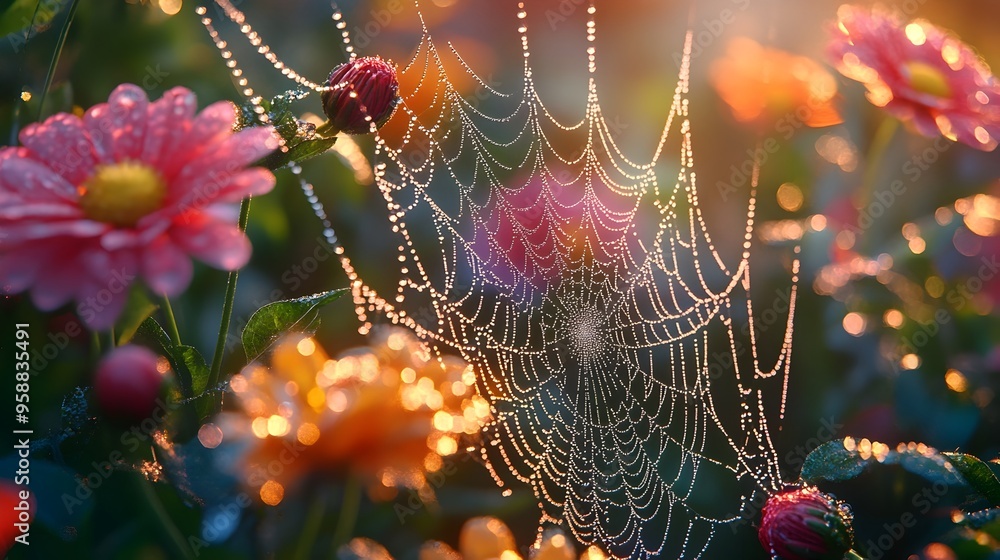 Poster shimmering garden web with vibrant dew drop reflections in 3d render