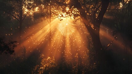 Fototapeta premium Radiant Spider Web Illuminated by Sunlight Breaking Through Woodland Foliage