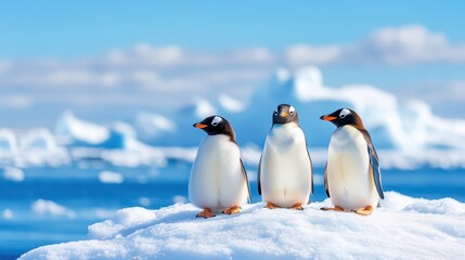 Obraz premium Three charming penguins stand together on an iceberg, surrounded by a breathtaking icy landscape and shimmering ocean waters.