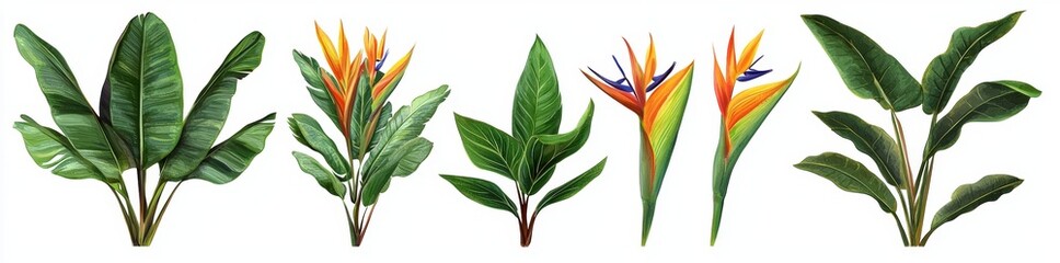 Obraz premium White background with tropical leaves and strelitzia flowers