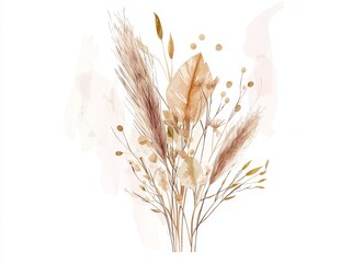 Fototapeta premium This watercolor poster features an illustration of dried leaves and tropical flowers in a Bohemian style