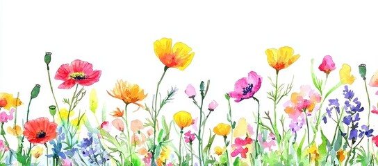 Obraz premium Watercolor wildflower and leaf border, for weddings and greetings