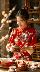 Obraz premium Elegant tradition: young woman in red cheongsam preparing tea in sunlit room