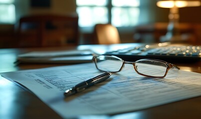 Glasses, Pen, and Paper on a Wooden Desk