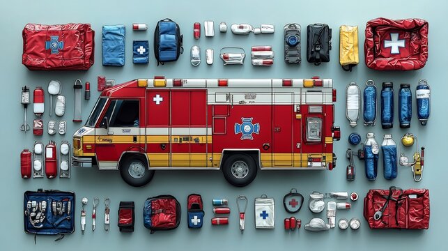 Emergency Response Vector graphics of emergency medical services including ambulance EMTs first aid kits in action during an urgent situation