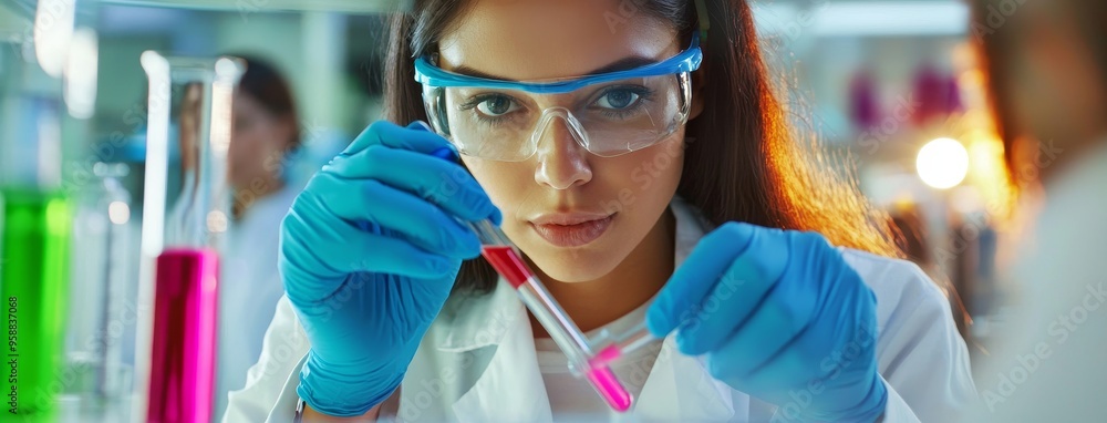Poster women scientists conduct scientific research and test under a microscope in a laboratory for biotech