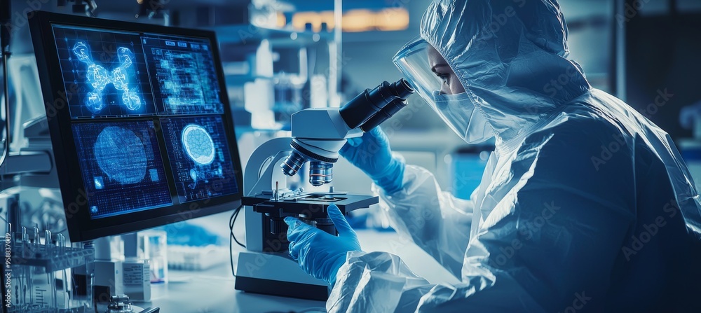 Poster the scientist uses laboratory equipment, a microscope, and computer technology to conduct research i