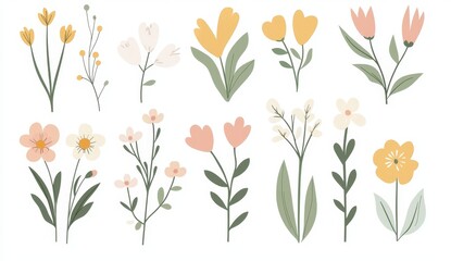 Floral icon illustration set. Vintage style flowers on isolated background. Colorful pastel color spring clipart collection. Nature symbol for weddings.