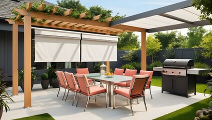 Fototapeta premium A cozy patio featuring a pergola and an inviting outdoor dining area, perfect for gatherings and relaxation