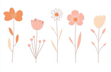 Daisies set with hippie groovy style. Retro vintage style, hand drawn elements, 60s, 70s, icon flowers, pastel colors. Cartoon illustration for kids.