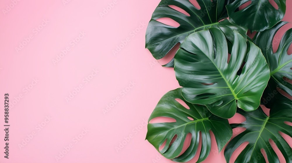 Wall mural Lush green monstera leaves arranged on a vibrant pink background for a fresh and modern aesthetic in interior design