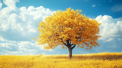 Lone Tree in Yellow Field Under Blue Sky