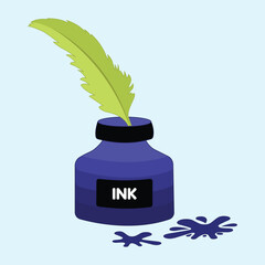 Ink pot with green feather vector