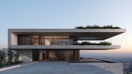 Obraz premium Modern Minimalist Architecture with Green Rooftop Garden and Clear Sky Views