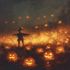 Pumpkin Patch at Dusk with Glowing Jack-o'-Lanterns and a Scarecrow Surrounded by Mist