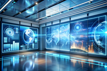 Futuristic AI-Powered Innovation Hub: Transformation of Technology through Budget-Friendly Solutions - Stock Photo Concept with Digital Screens and Holographic Interfaces