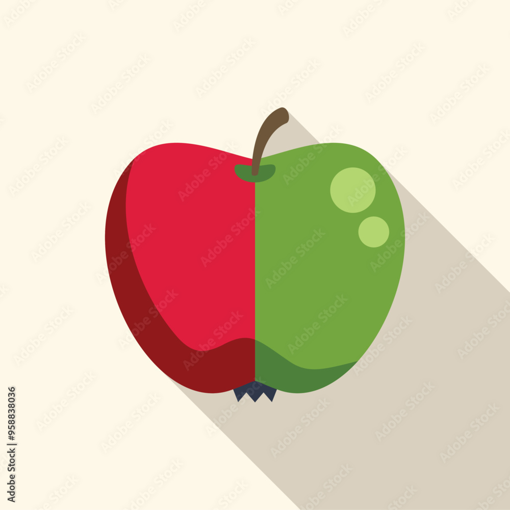 Poster red and green apple split in half casting a long shadow over a light background