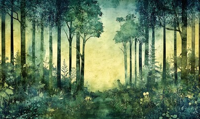 Watercolor Illustration of a Forest Path Surrounded by Tall Trees