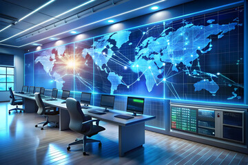 Fototapeta premium Modern IT Command Center: High-Tech Transformation with Digital Network Maps and System Controls, AI-Powered Background for Cost-Effective Management - Photo Stock Concept
