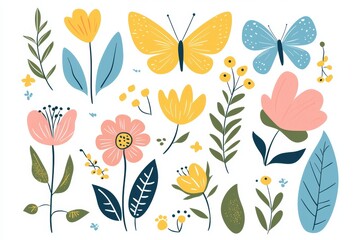 Abstract wildflowers flowers and leaves flat icon set. Flower design with ornaments. Spring flowers bloom in the spring.