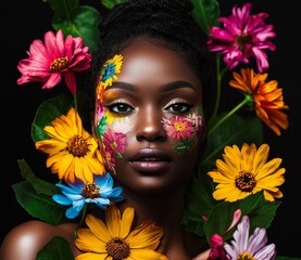 In this generative AI image, a beautiful black african american girl is presented with colorful hair in multicolored flowers on a dark background.