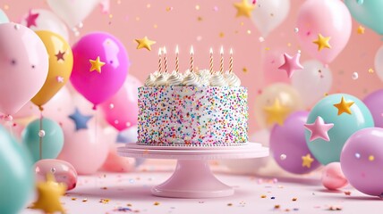 Podium with a birthday cake covered in galaxy patterns and star-shaped balloons, 3D render, cosmic and celestial celebration theme