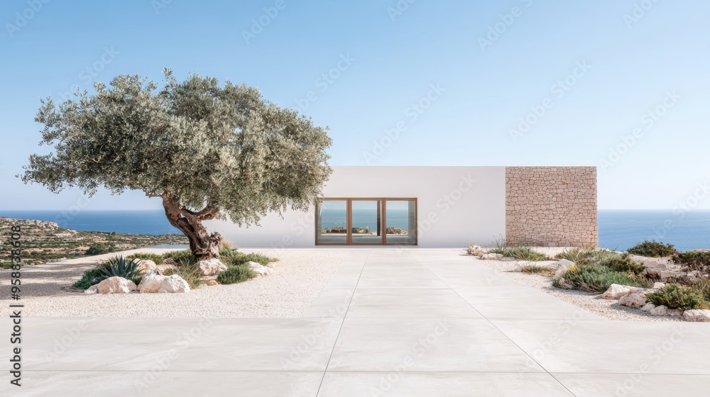 Poster modern white concrete architecture with rooftop garden and open windows in minimalist setting