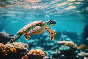 Obraz premium A sea turtle gracefully swims underwater, surrounded by vibrant coral reefs and bathed in clear, blue water, capturing the beauty and serenity of marine life in its natural habitat.