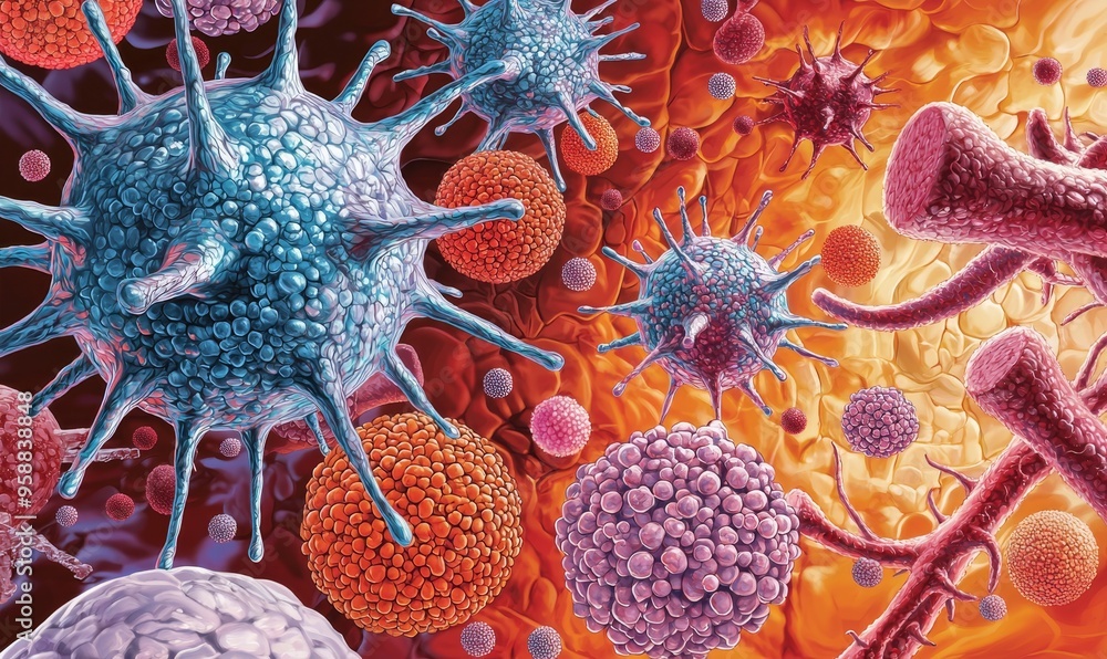 Poster background showing various microbes, including virus cells and bacteria
