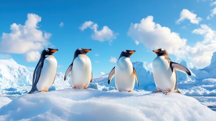 Obraz premium A charming group of four penguins standing on a snowy landscape under a bright blue sky with fluffy clouds.