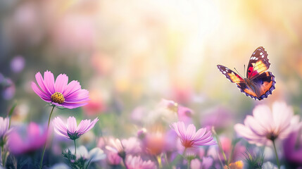 W malowniczym polu pełnym kolorowych kwiatów kosmosu, motyl spoczywa na jednym z płatków, kąpiąc się w promieniach letniego słońca. 