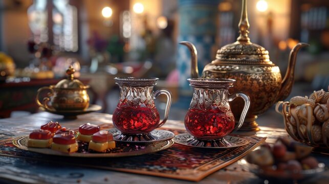 Turkish tea party with traditional sweets and ornate tea glasses