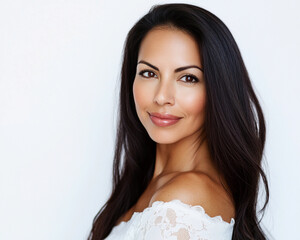 beautiful latina in her late 30s or 40s with long hair portrait for skincare ad or headshot