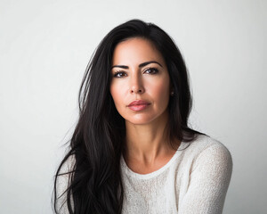 beautiful latina in her late 30s or 40s with long hair portrait for skincare ad or headshot