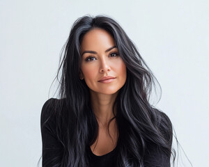 beautiful latina in her late 30s or 40s with long hair portrait for skincare ad or headshot