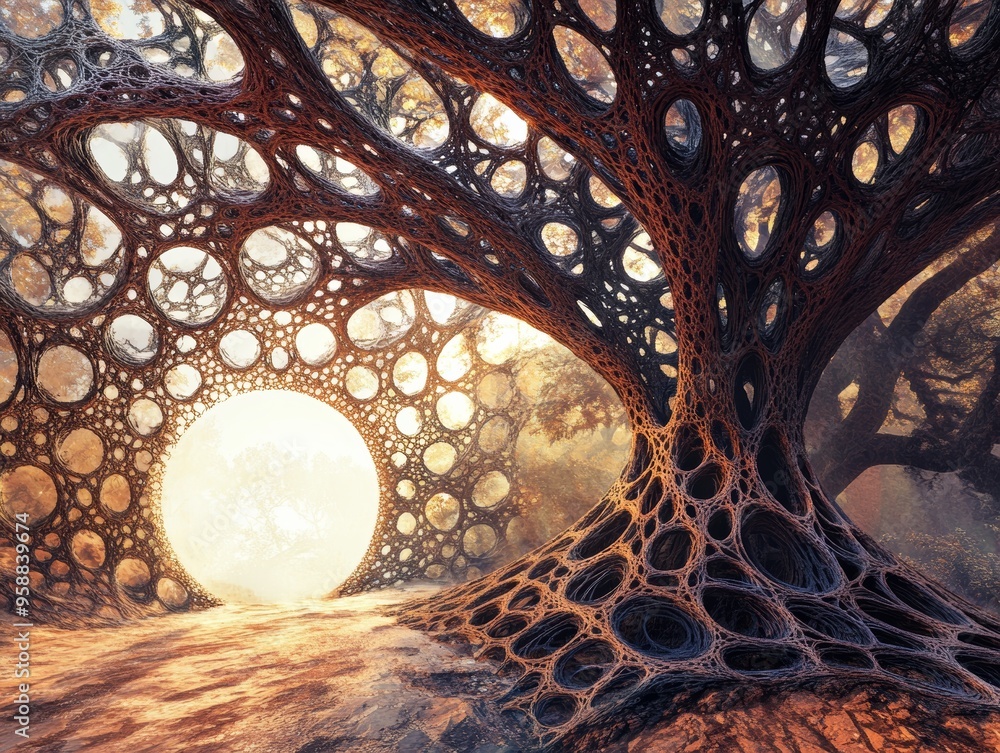 Wall mural abstract fantasy tree with geometric branches forming a portal in an ethereal setting