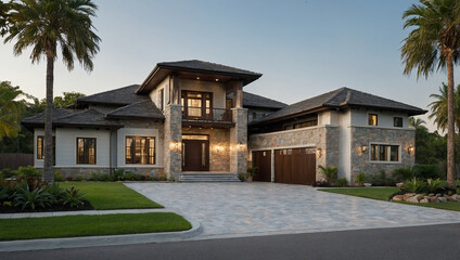 This is a large, modern house with a stone facade and a paved driveway.

